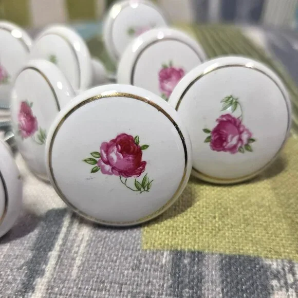 Vtg Porcelain Rose Drawer Knobs x 10 Shabby Chic Cottage Core Cabinet Knob Japan - Picture 8 of 8